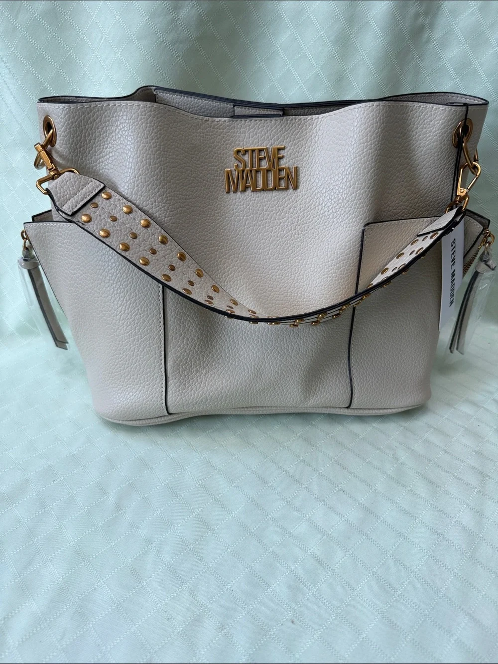 New Steve Madden Large Cream Faux Pebbled Shoulder Tote with Studded Strap